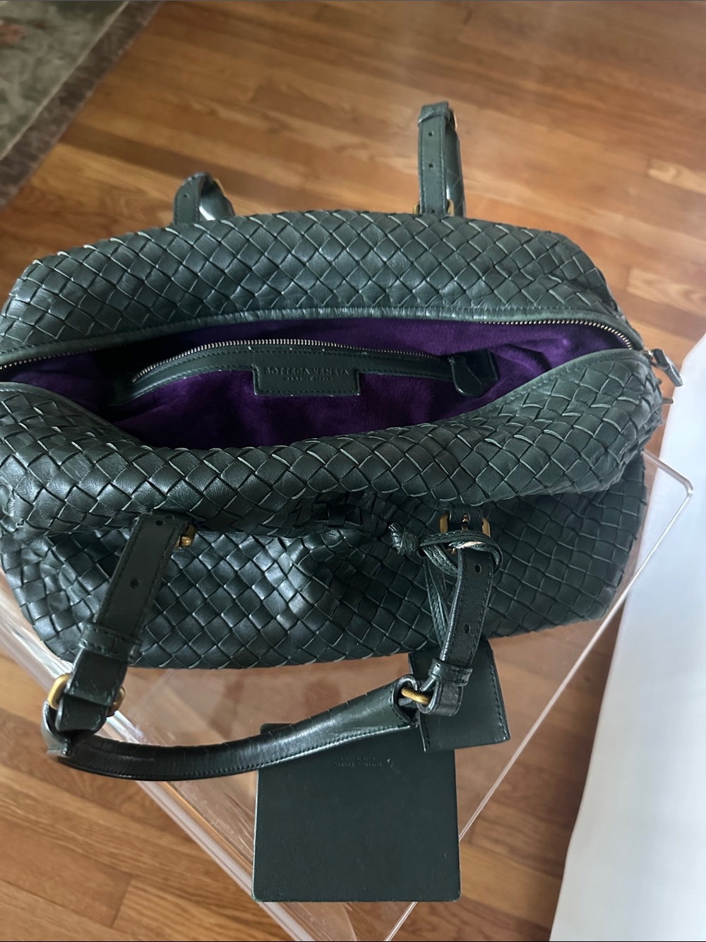 Bottega Veneta Dark Green Intrecciato Leather Shoulder Bag with Purple Interior